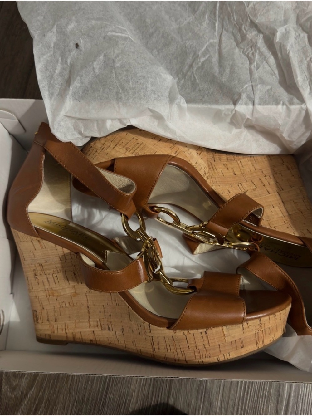 Michael Kors Brown Leather Platform Wedge Sandals with Gold Chain